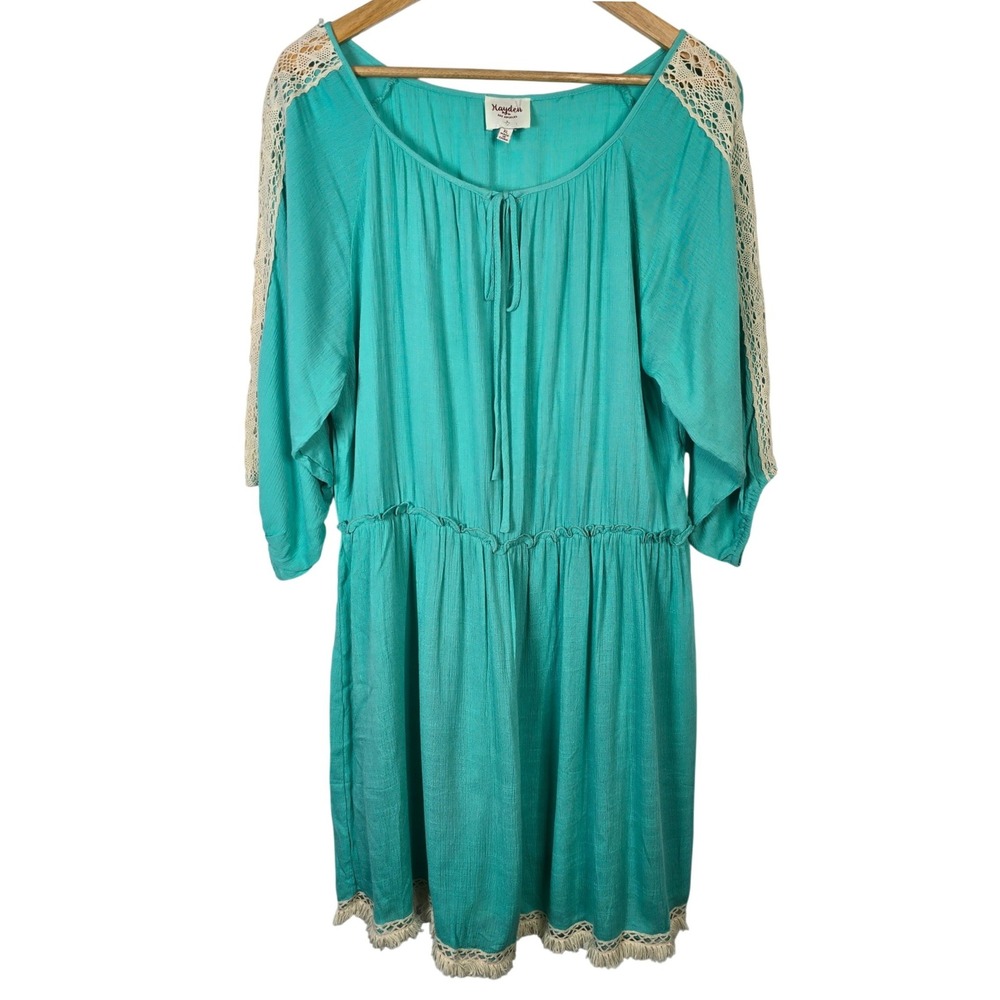 Hayden Los Angeles Teal Crochet Lace Trim Tassel Hem Rayon Gauze‎ Dress XL
